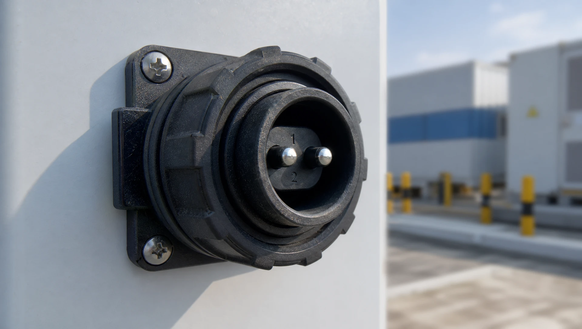 Heavy-duty 2 pin waterproof electrical connector mounted on an outdoor industrial power box panel.