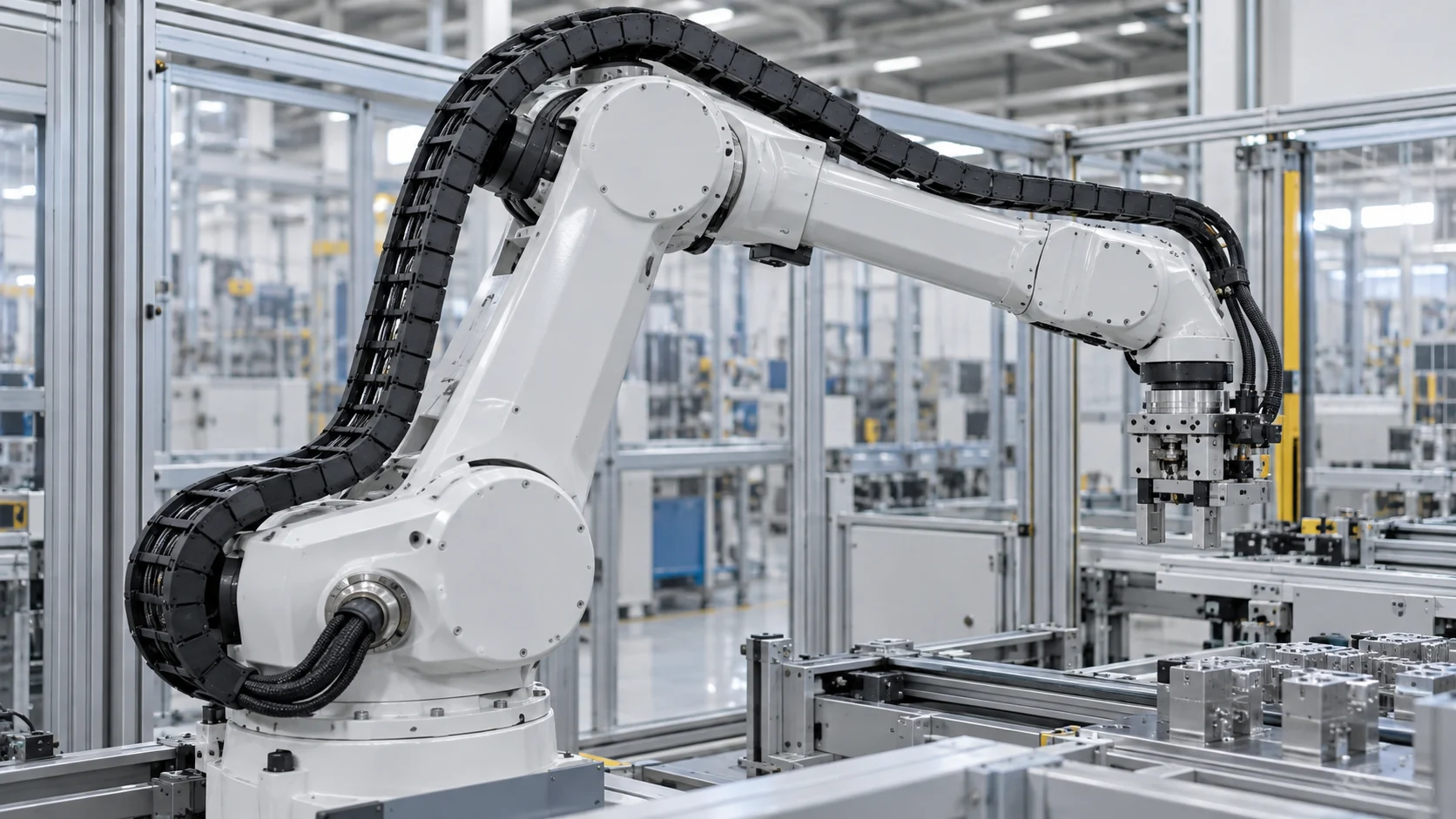 Dynamic cable management on an industrial robot energy chain