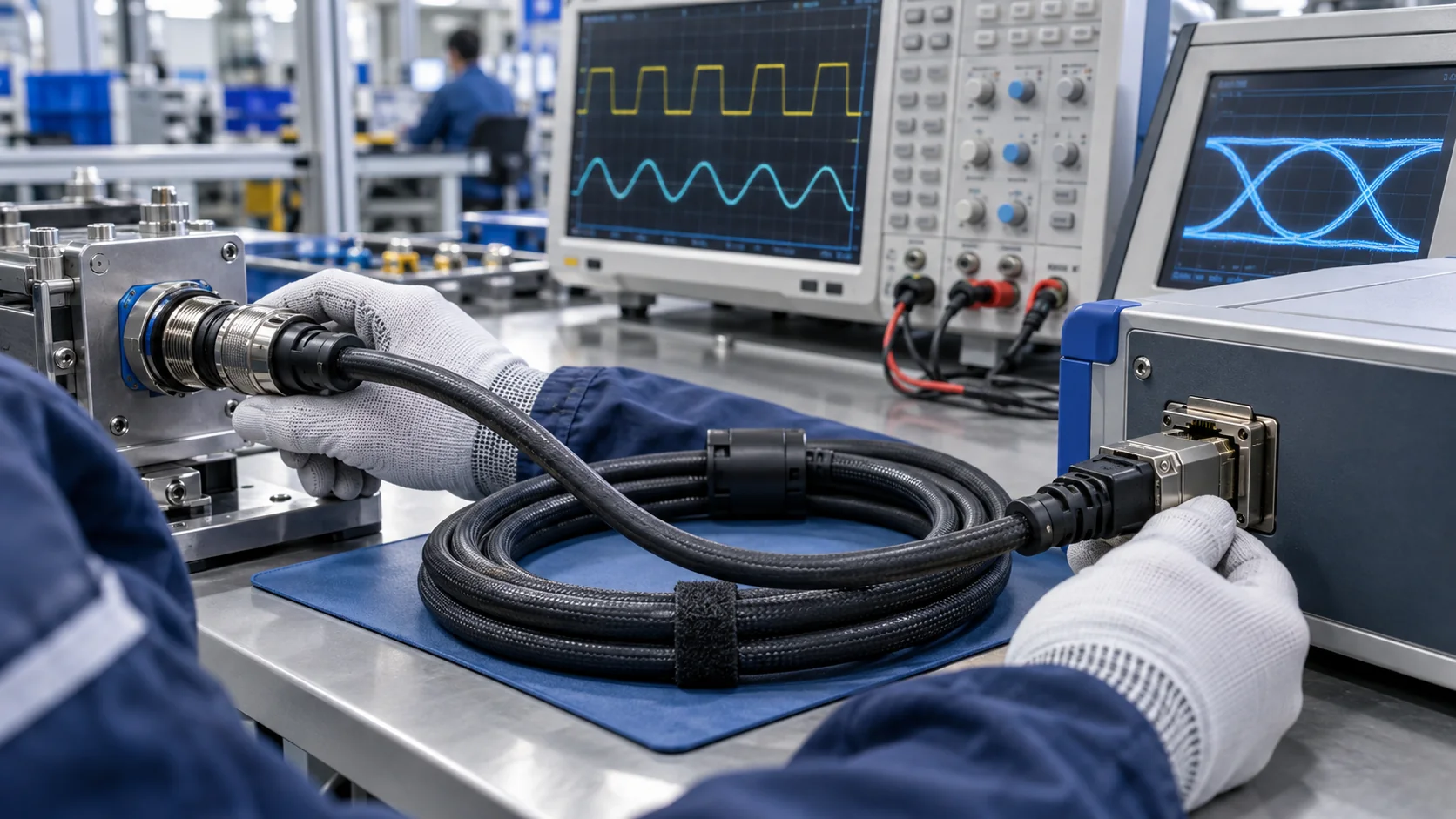 Data cable signal integrity testing on a factory validation bench