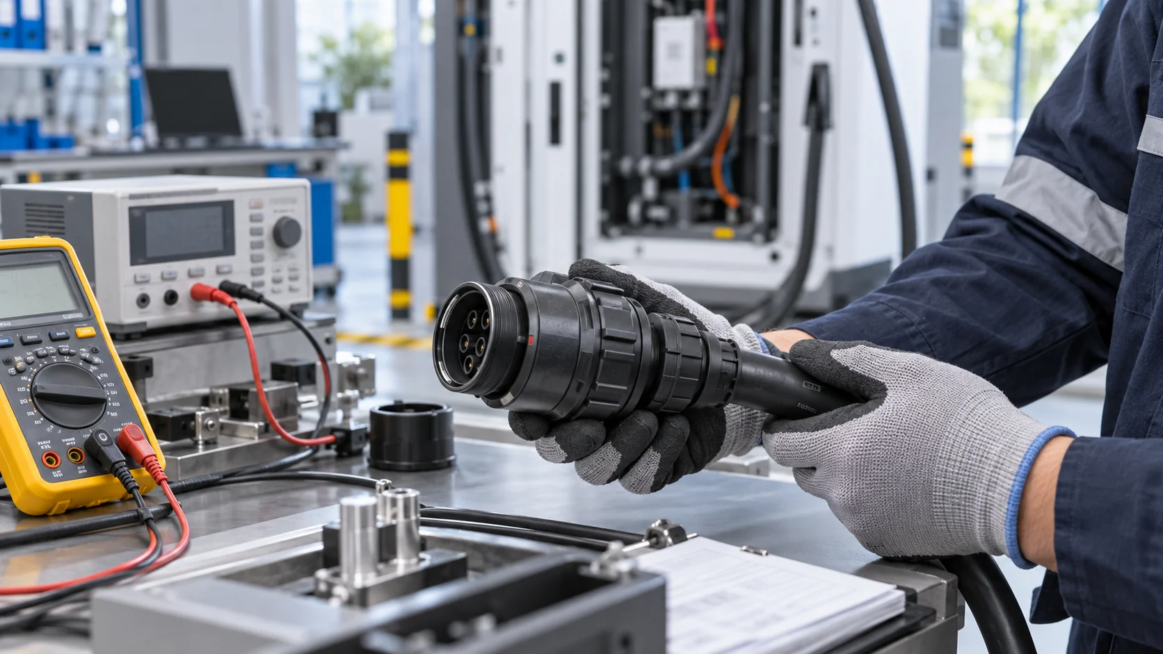 EV charging connector assembly validation with electrical testing in an OEM charger facility