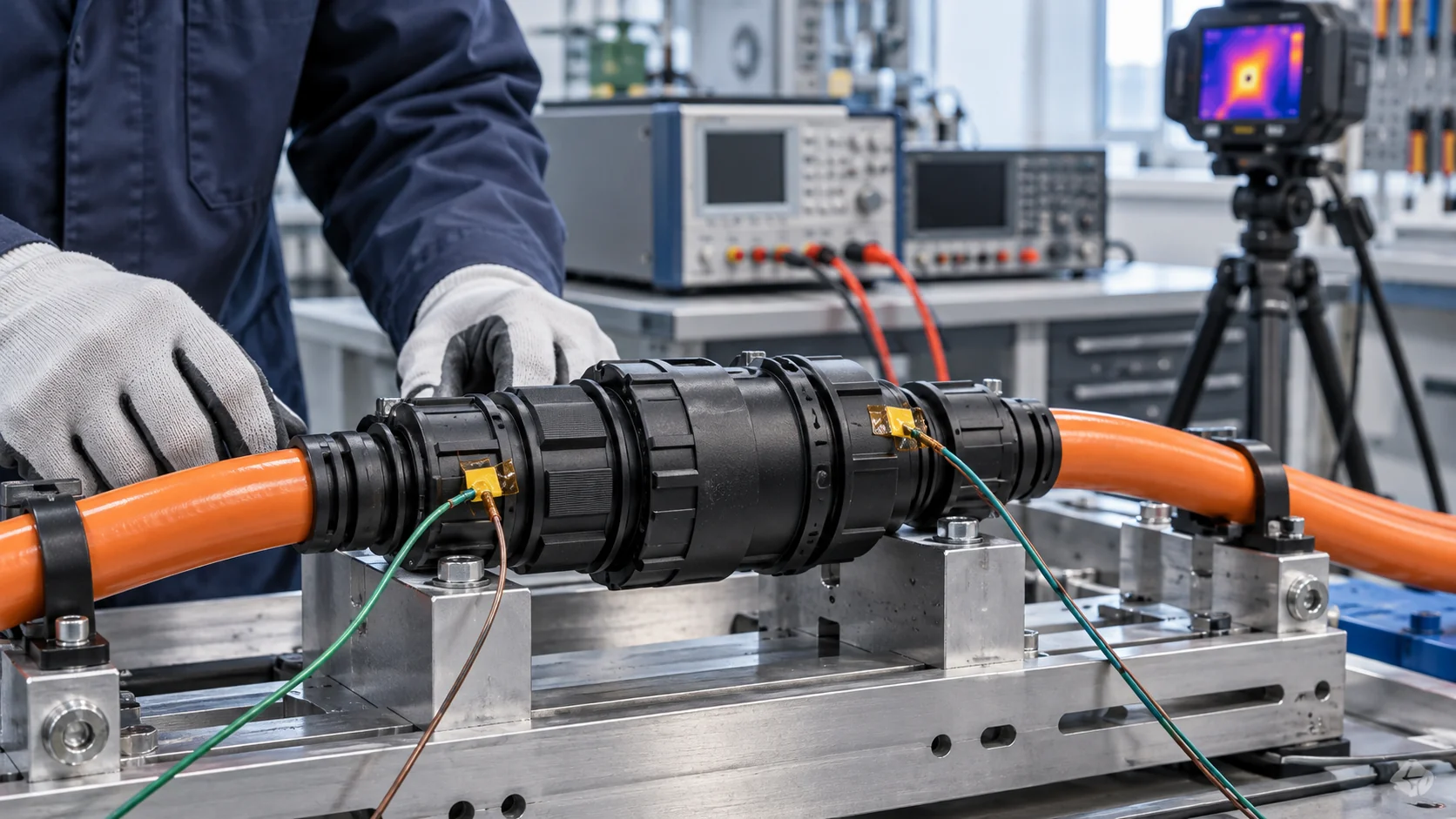 High current connector temperature rise test with calibrated sensors on an OEM assembly