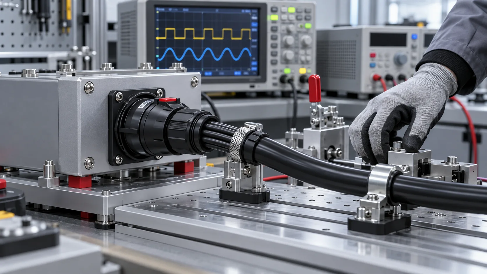 Illustrative hybrid connector cable assembly on a power-and-signal test bench with an oscilloscope