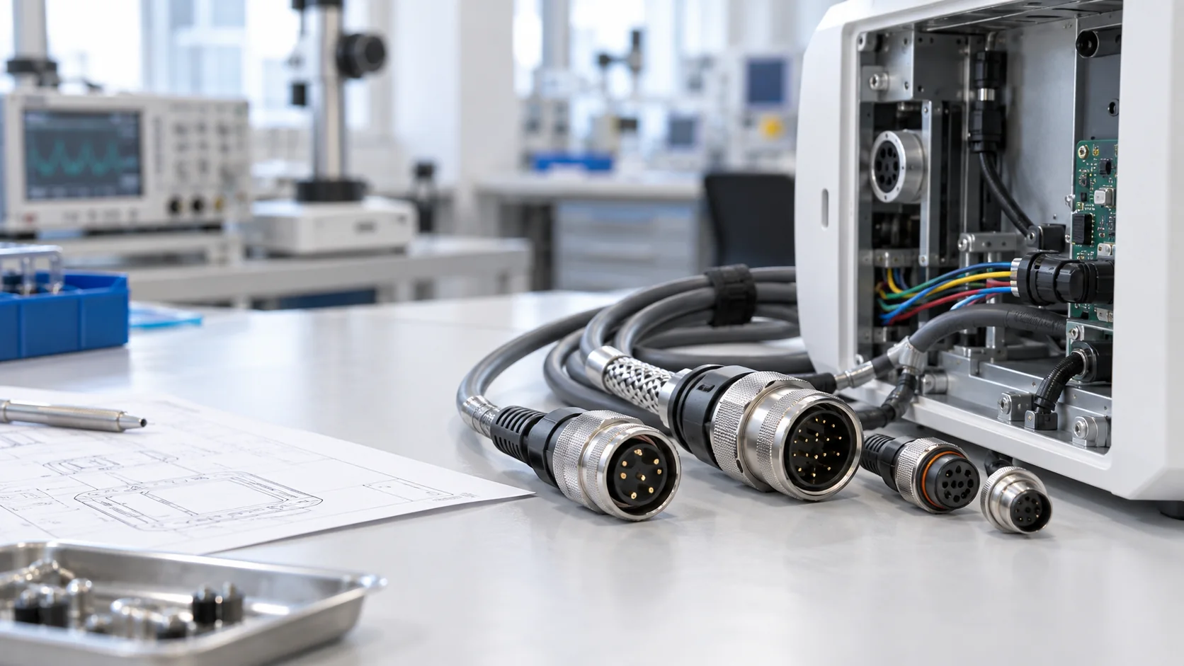 Circular connectors and cable assemblies on a medical equipment engineering bench