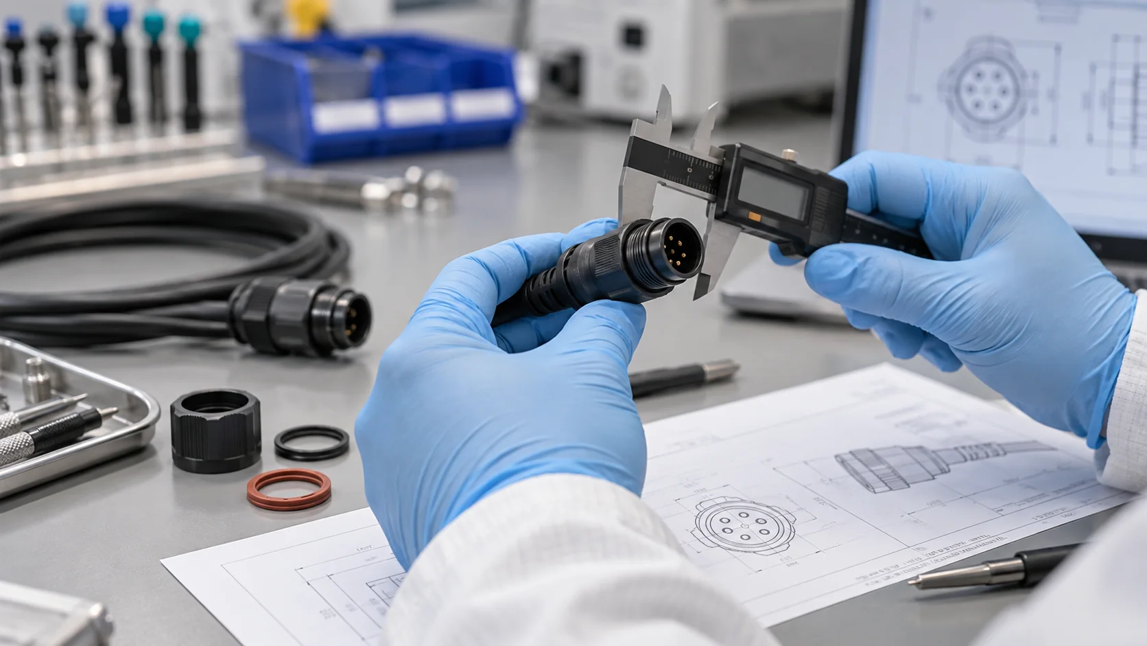 Engineer checking a circular connector and cable assembly at a validation bench