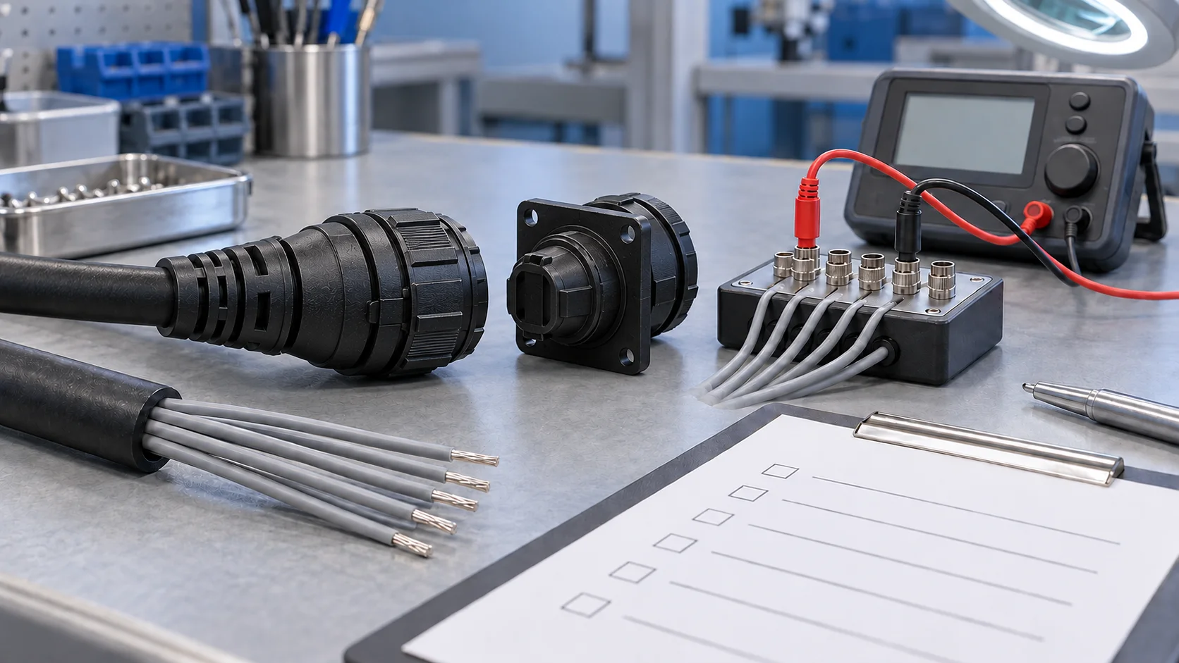 Conceptual unpowered circular connector cable assemblies and inspection fixture