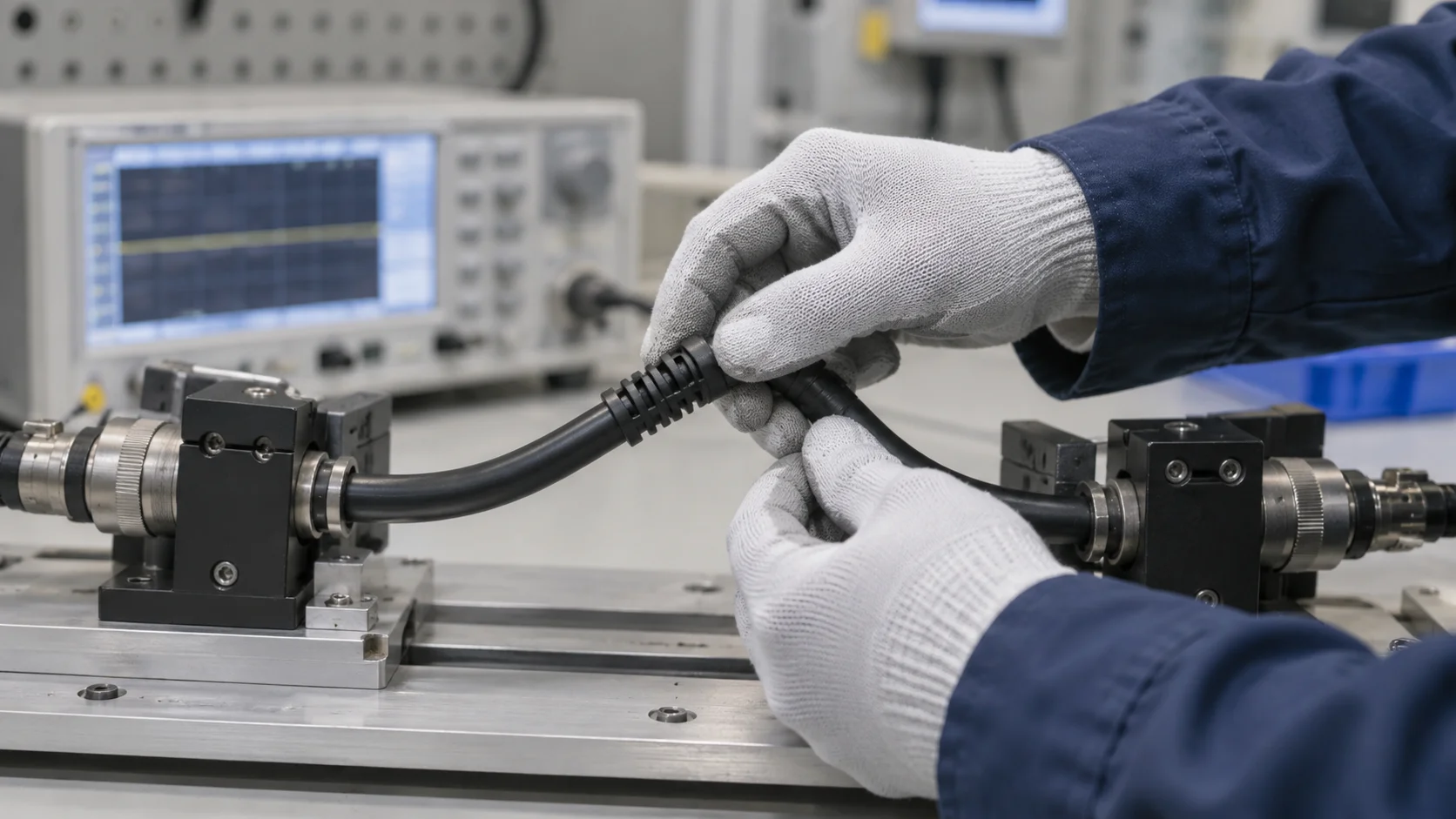 Technician gently handling cable assembly strain relief during an intermittent fault test