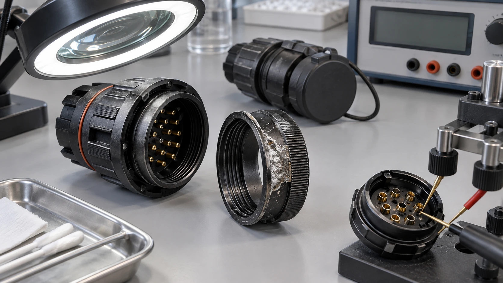 Conceptual circular connector inspection with surface deposits and a dry electrical measurement fixture