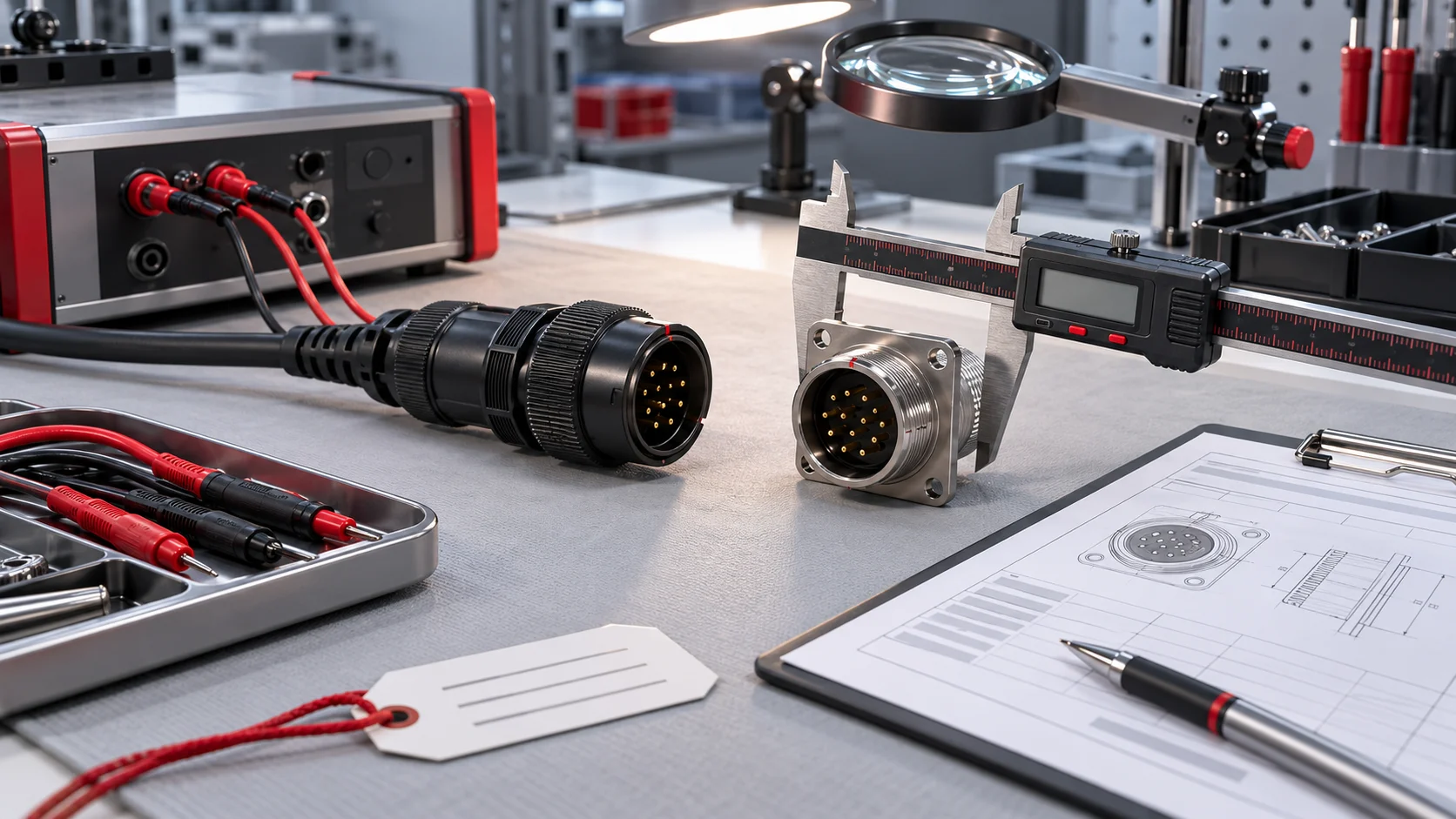 Conceptual illustration of circular connector sample inspection with drawings and measuring equipment