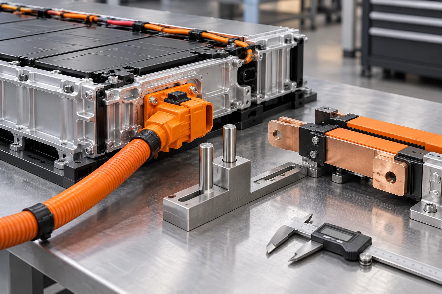 Conceptual cable connector and insulated busbar mockup with alignment fixture