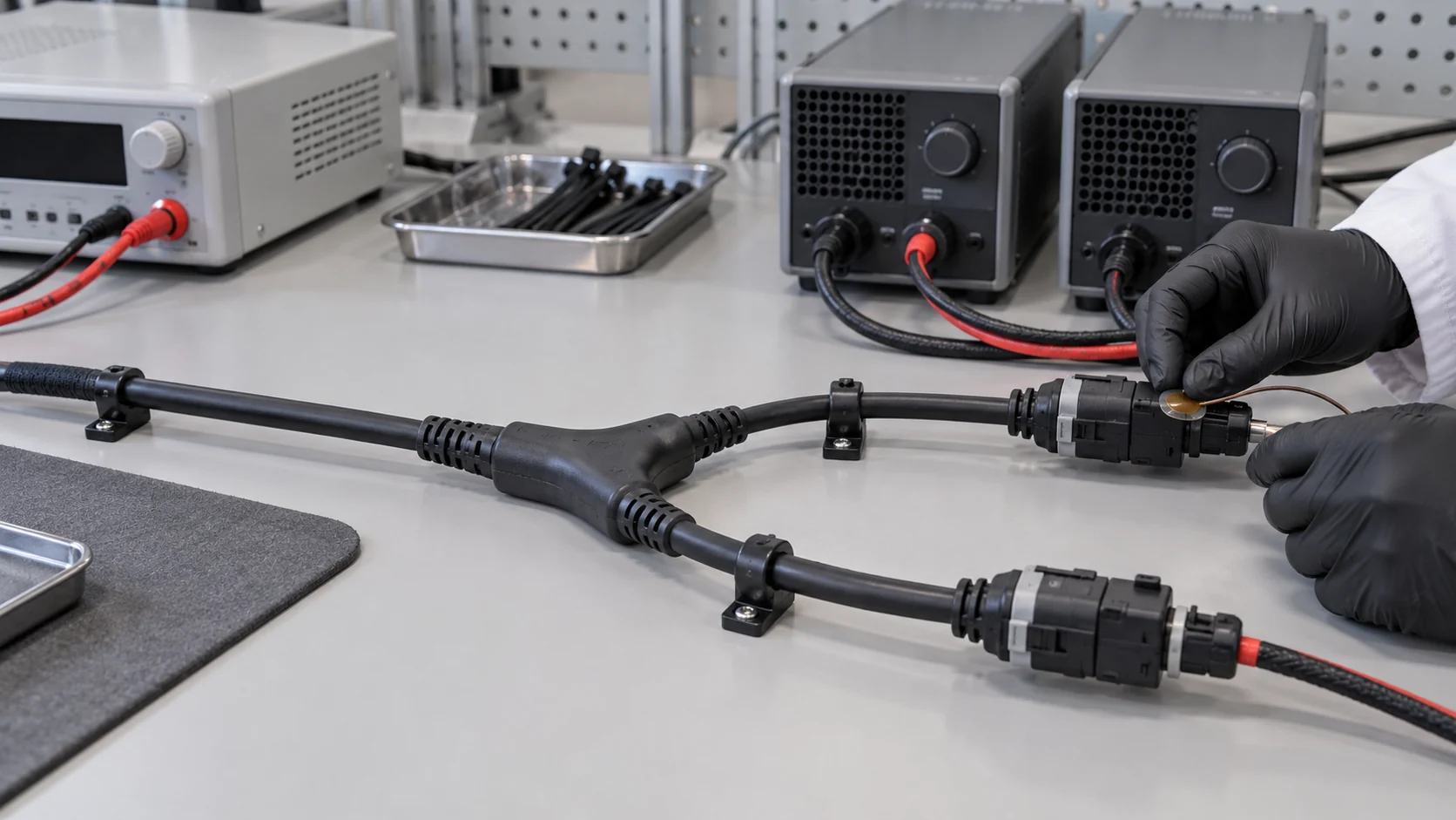 Conceptual splitter harness bench setup for combined branch load and connector temperature checks